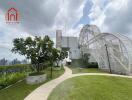 Rooftop garden with scenic city view and unique architectural design