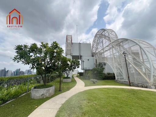 Rooftop garden with scenic city view and unique architectural design