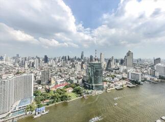 Aerial view of city skyline and river