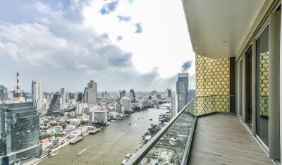 High-rise building balcony with city and river view