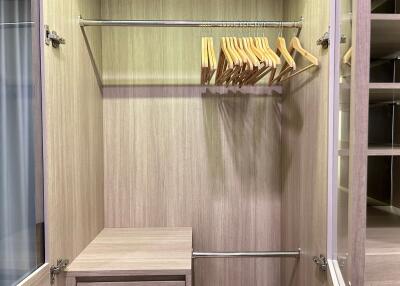 Empty wooden closet with hangers and drawers