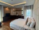 Spacious bedroom with double bed, hardwood floors, large windows, and modern lighting