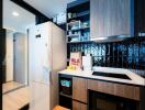 modern kitchen with appliances and shelving