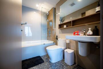 Modern bathroom with bathtub and sink