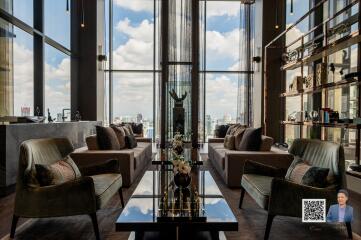 Modern living room with large windows and city view