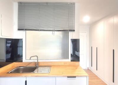 Modern kitchen with wooden countertop and blinds