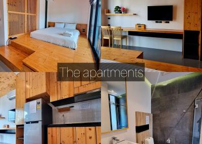 Collage of various rooms in an apartment including a bedroom, a study area, a kitchen, and a bathroom.