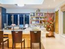 Modern dining room with table, chairs, and decorative shelves