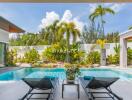 Outdoor living area with pool and garden view