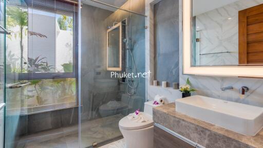 Modern bathroom with glass shower, large mirror, and sink basin