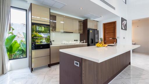 Modern kitchen with island counter and built-in appliances