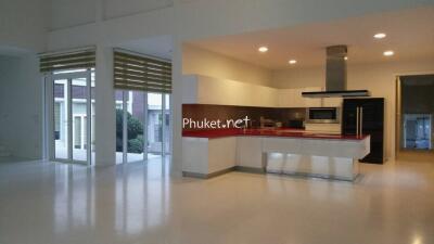 Modern kitchen with integrated appliances and adjacent living area