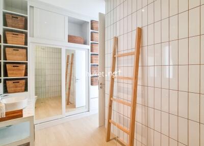 Modern bathroom with storage units and ladder rack