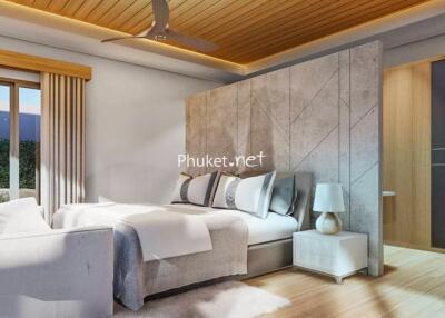 Luxurious bedroom with modern design and wooden ceiling