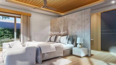 Luxurious bedroom with modern design and wooden ceiling