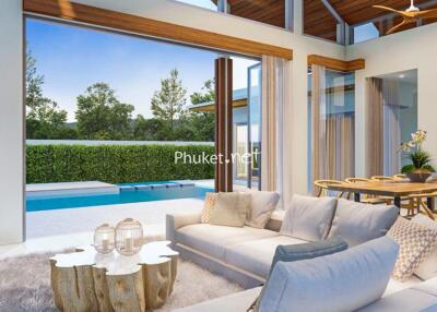 Modern living room with pool view