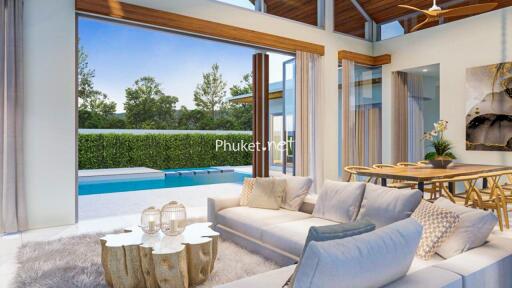 Modern living room with pool view