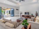 Modern living room with poolside view