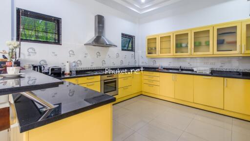 Modern kitchen with yellow cabinets and black countertops