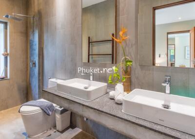 Modern bathroom with double sinks and walk-in shower