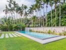 Outdoor area with swimming pool and palm trees