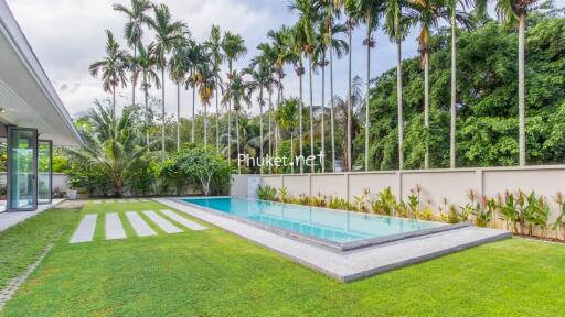 Outdoor area with swimming pool and palm trees