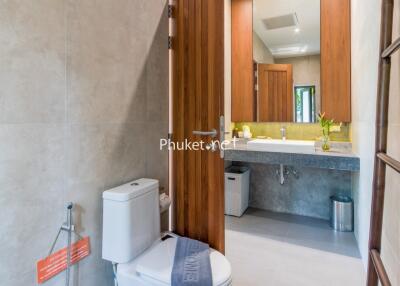 Modern bathroom with large mirror and wooden elements