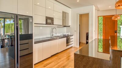 Modern kitchen interior with appliances and island