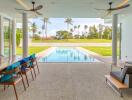 Outdoor living area with pool and garden view