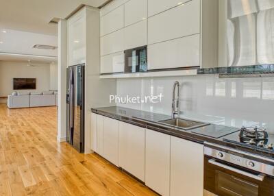 Modern kitchen with white cabinetry and stainless steel appliances