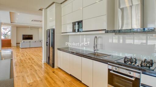 Modern kitchen with white cabinetry and stainless steel appliances