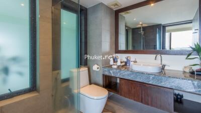 A modern bathroom with a shower, toilet, and sink area