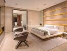 Modern bedroom with double bed, seating area, and stylish lighting