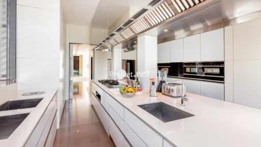 Modern kitchen with white cabinetry, stainless steel appliances, and a spacious island