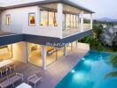 Modern two-story house with large windows and swimming pool