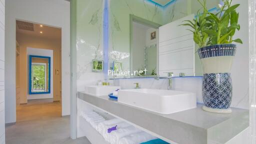 Modern bathroom with double sinks and decorative elements