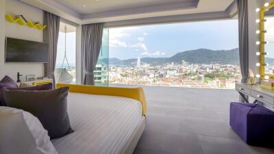 Modern bedroom with a panoramic view