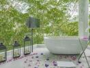 Scenic Bathroom with Bathtub and Decorative Lanterns