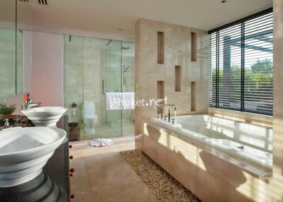 Modern bathroom with large bathtub, double sinks, and walk-in shower