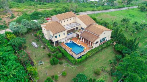 Aerial view of a large house with a pool and garden