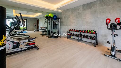 Modern home gym with various fitness equipment and mirrored wall