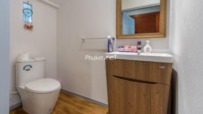 Modern bathroom with wooden vanity and toilet