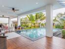 Covered patio area with pool and garden view