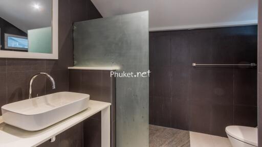 Modern bathroom with glass partition and vessel sink