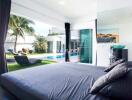 Modern bedroom with pool view