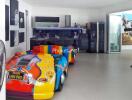 Artistic room with colorful car and modern art exhibits