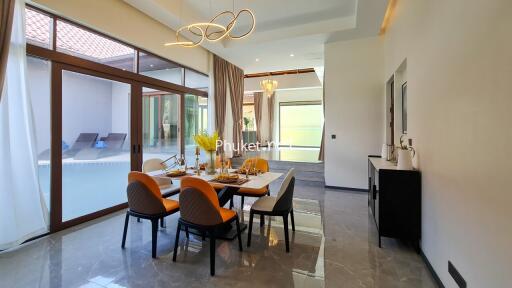 Modern dining room with large windows