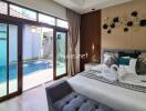 Spacious bedroom with pool view and modern decor