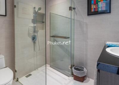 Modern bathroom with glass shower enclosure, white toilet, and wall-mounted sink