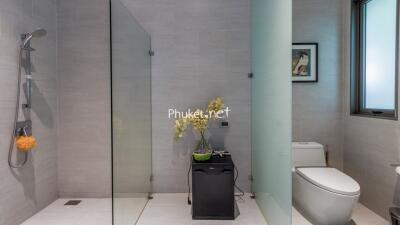 Modern bathroom with shower, toilet, and decorative plant